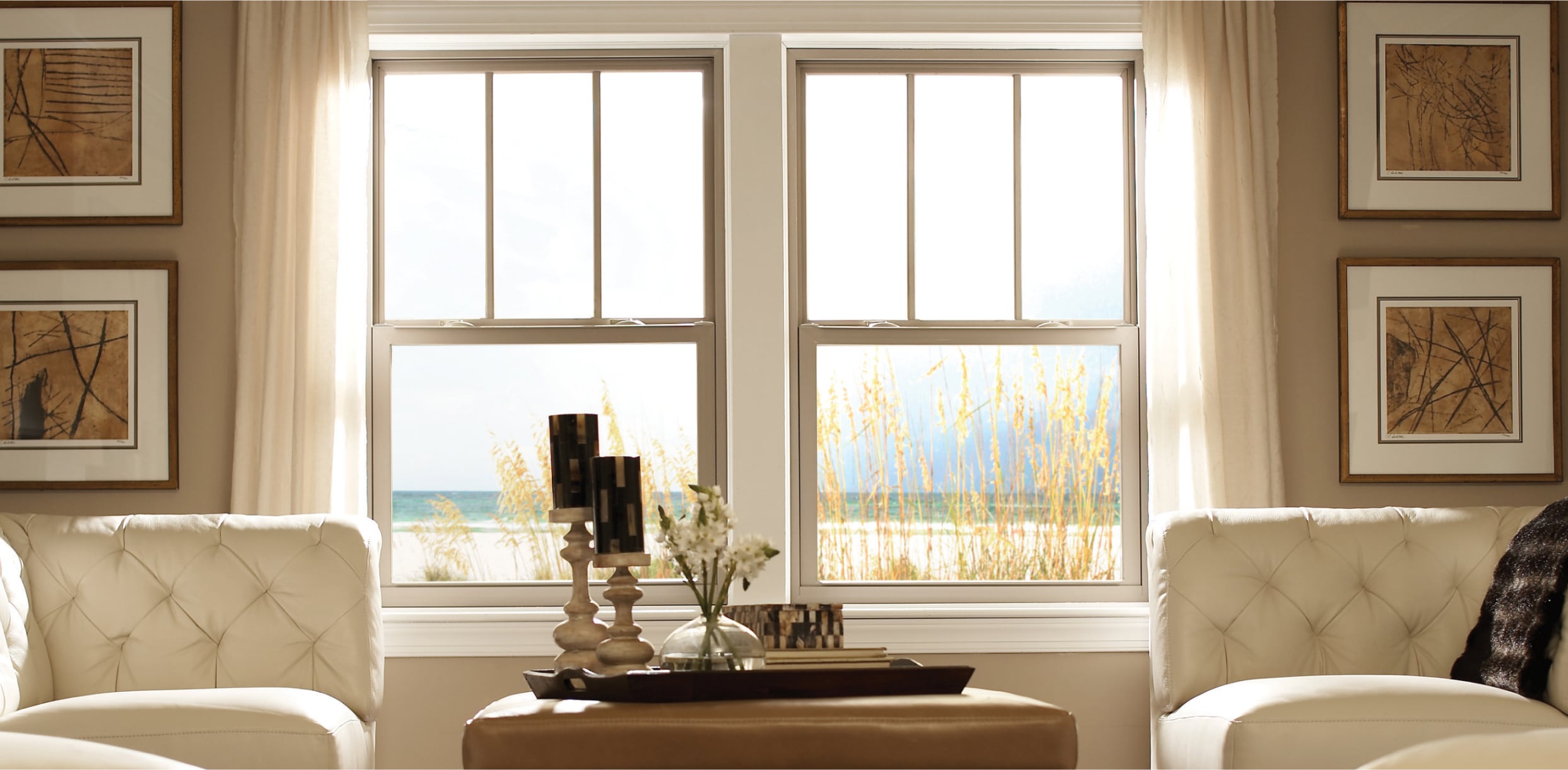 Interior Beige 1500 Series Single Hung Impact Windows with Grilles
