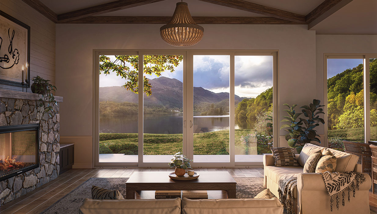 Beige Four-Panel Perspective Multi-Slide Patio Doors