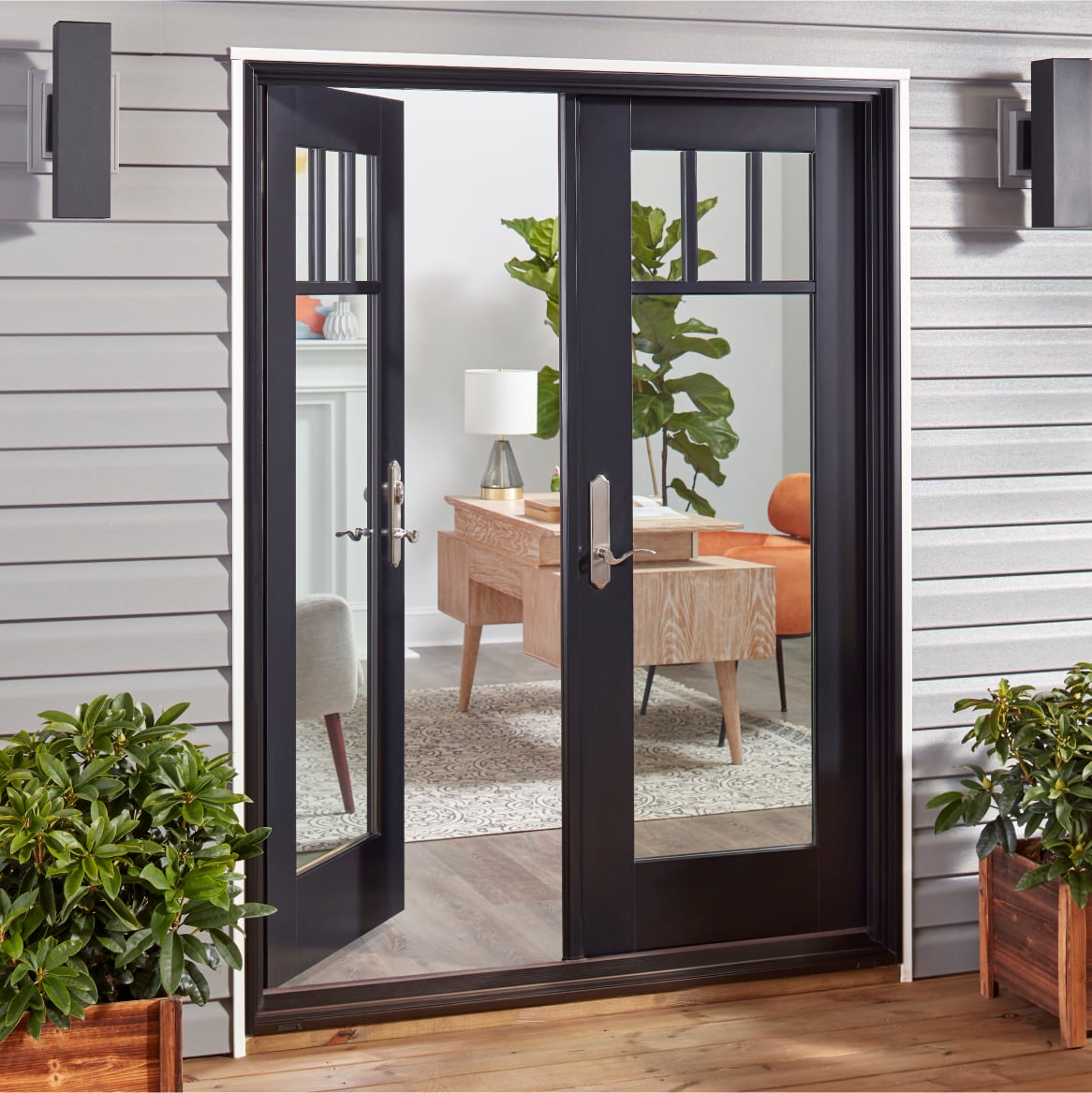 Home Exterior with Hinged Aluminum-Clad Wood Patio Doors