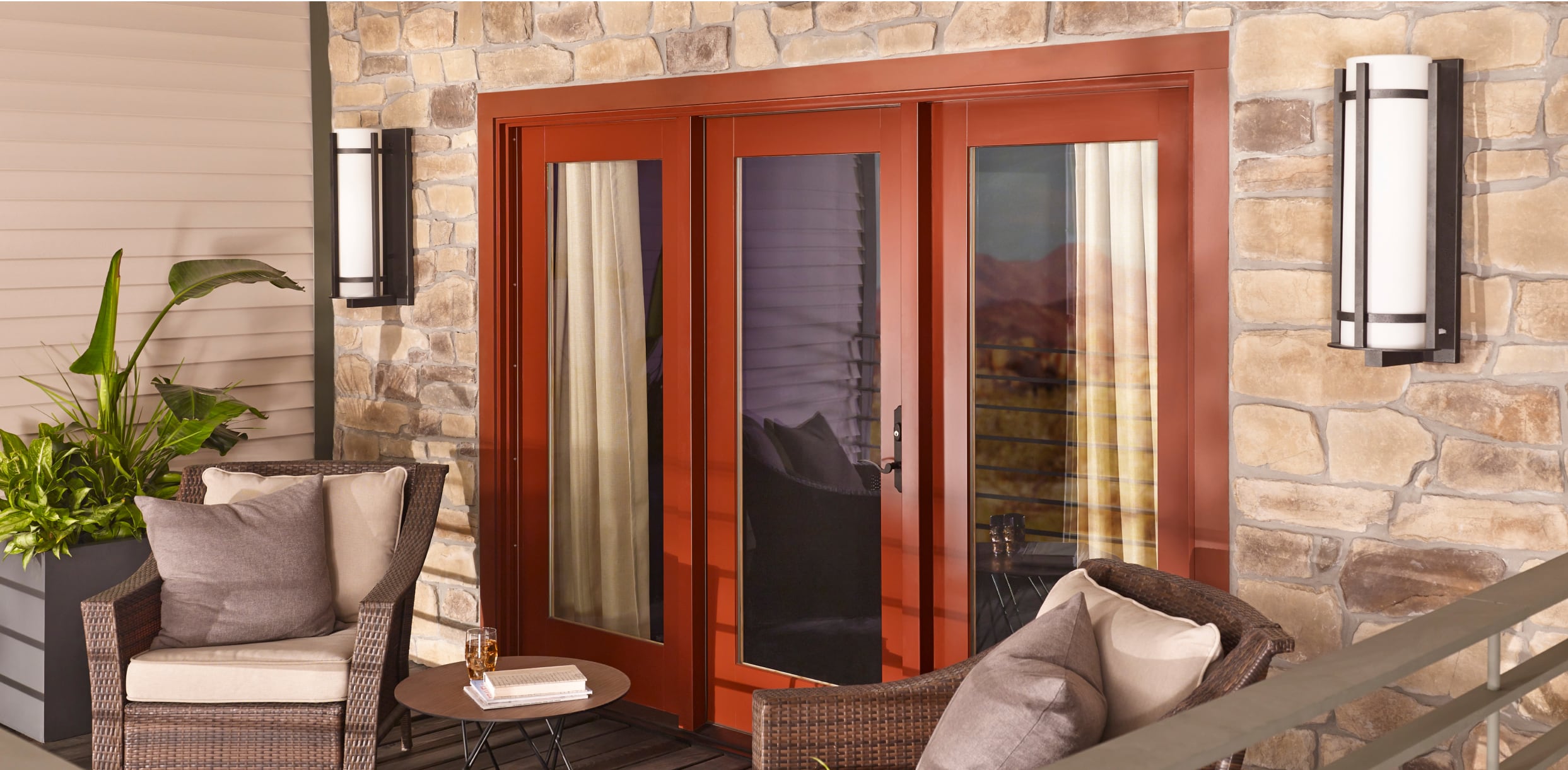 Cottage Red MIRA Swinging Patio Door Exterior View