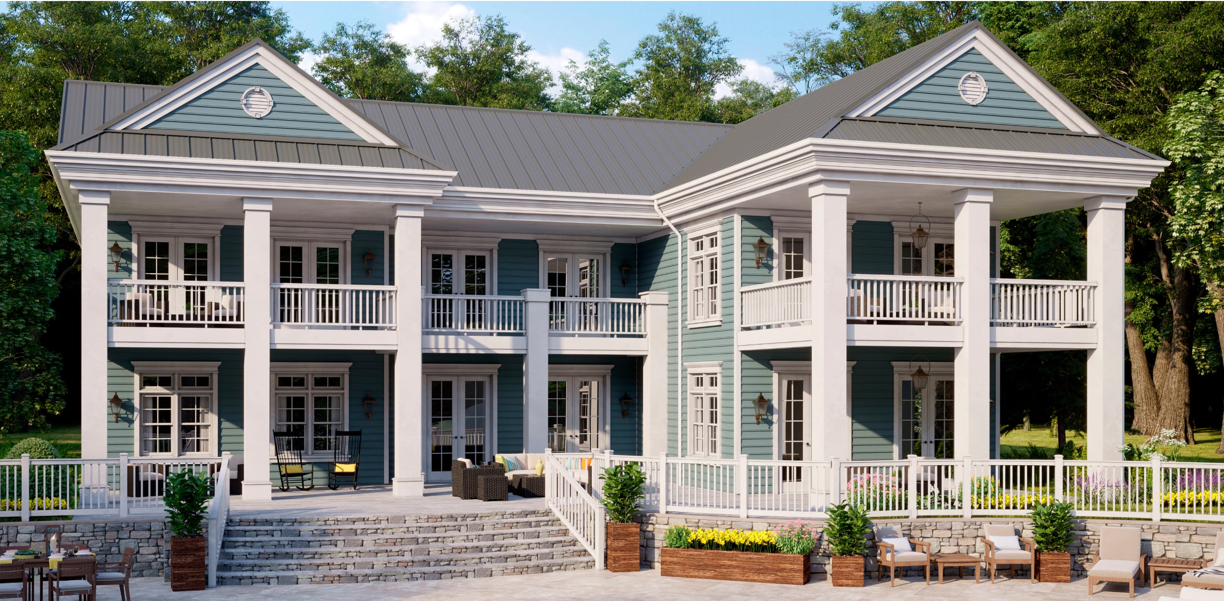 Home Exterior with White MIRA French Patio Doors