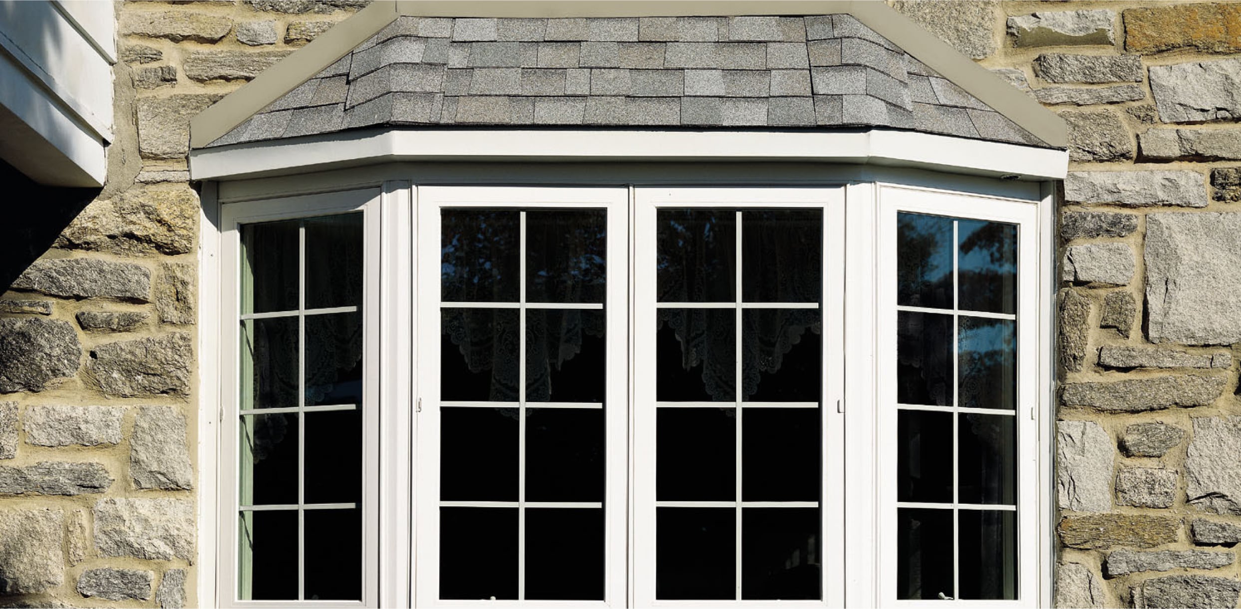White Exterior Four-Lite Bay Window with Colonial Grilles 
