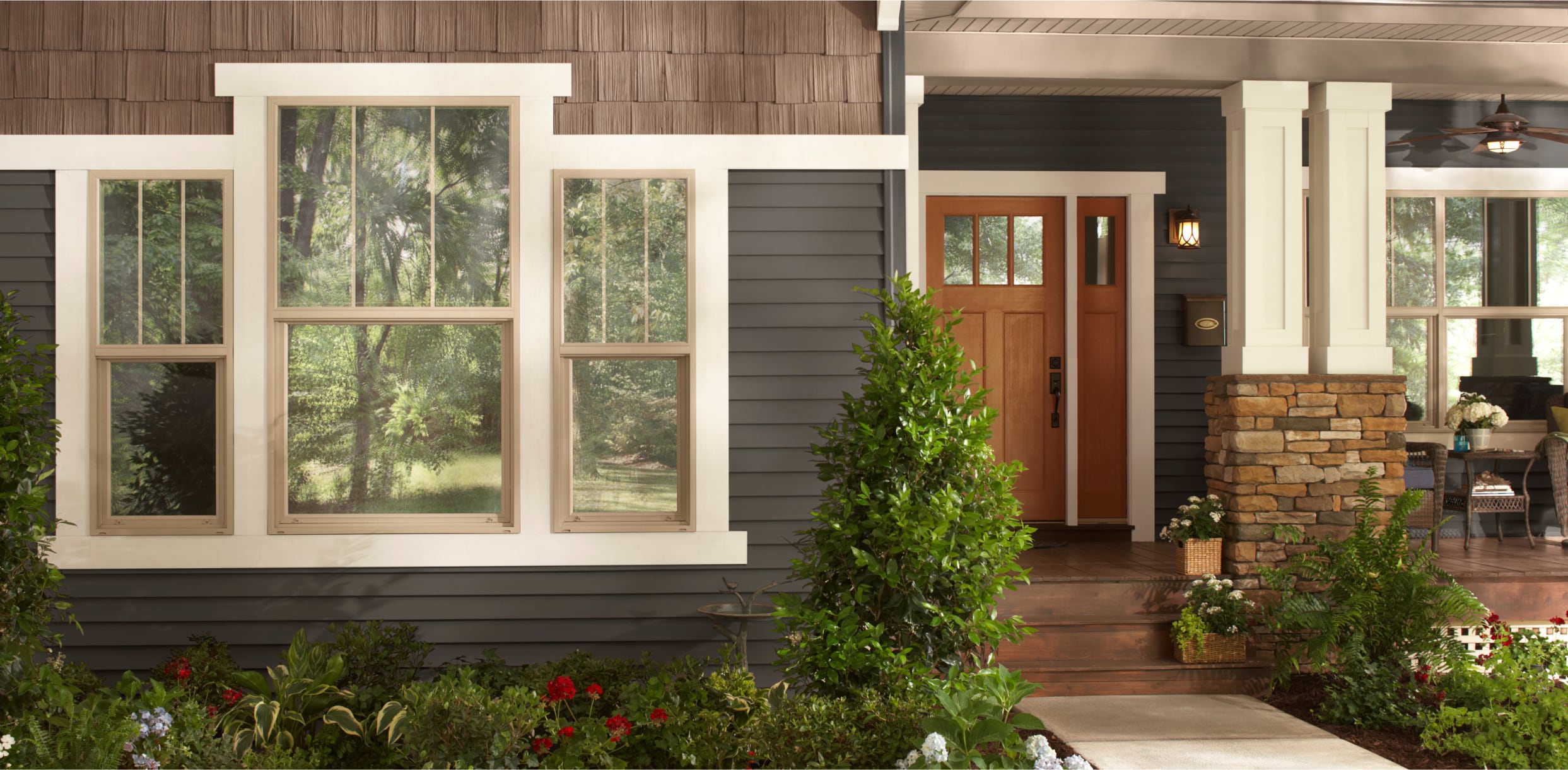 Exterior Signature Antique Bronze MIRA Double Hung Windows with Grilles