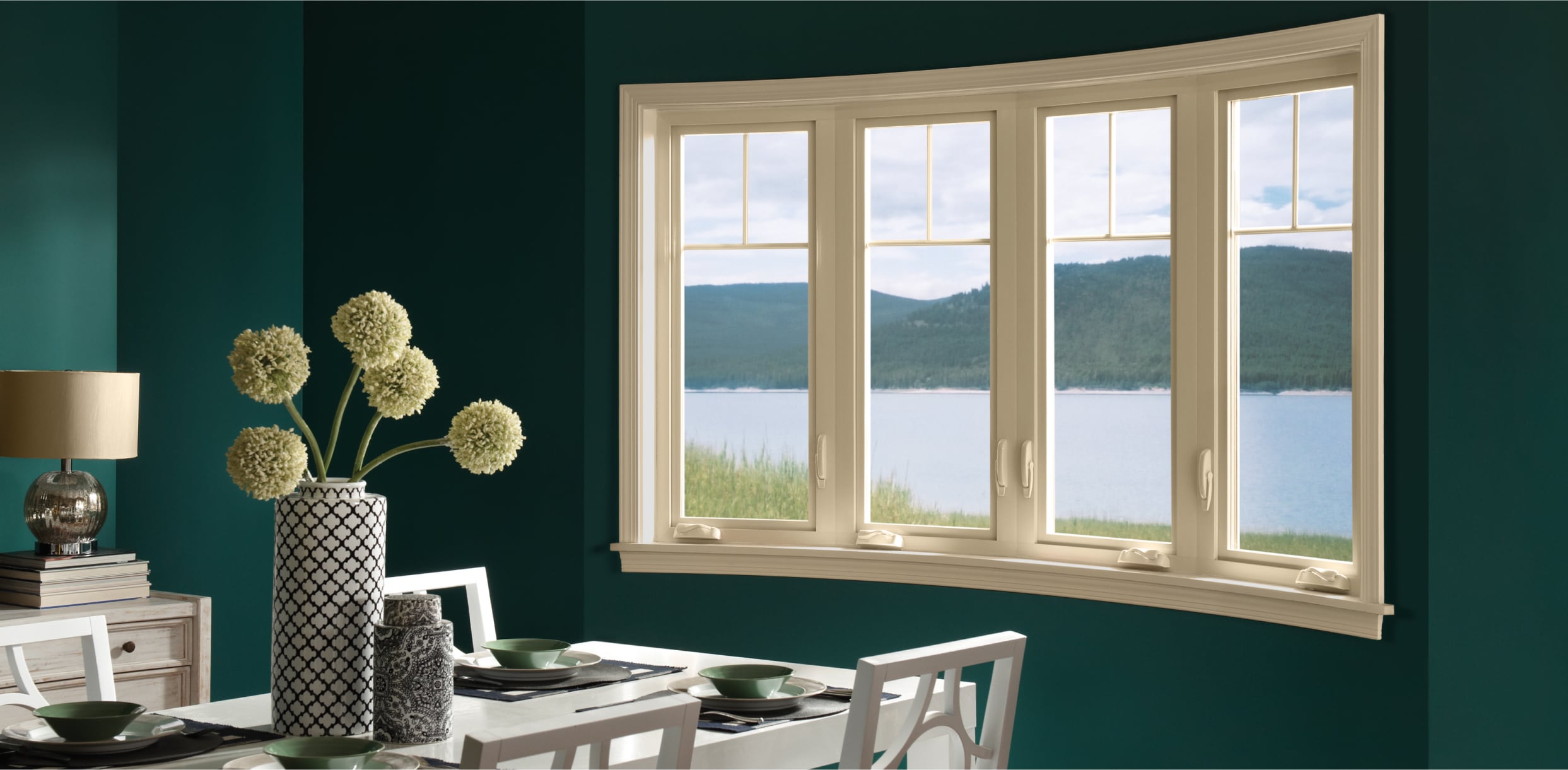 Interior Four-Lite Bow Window with Casements in White