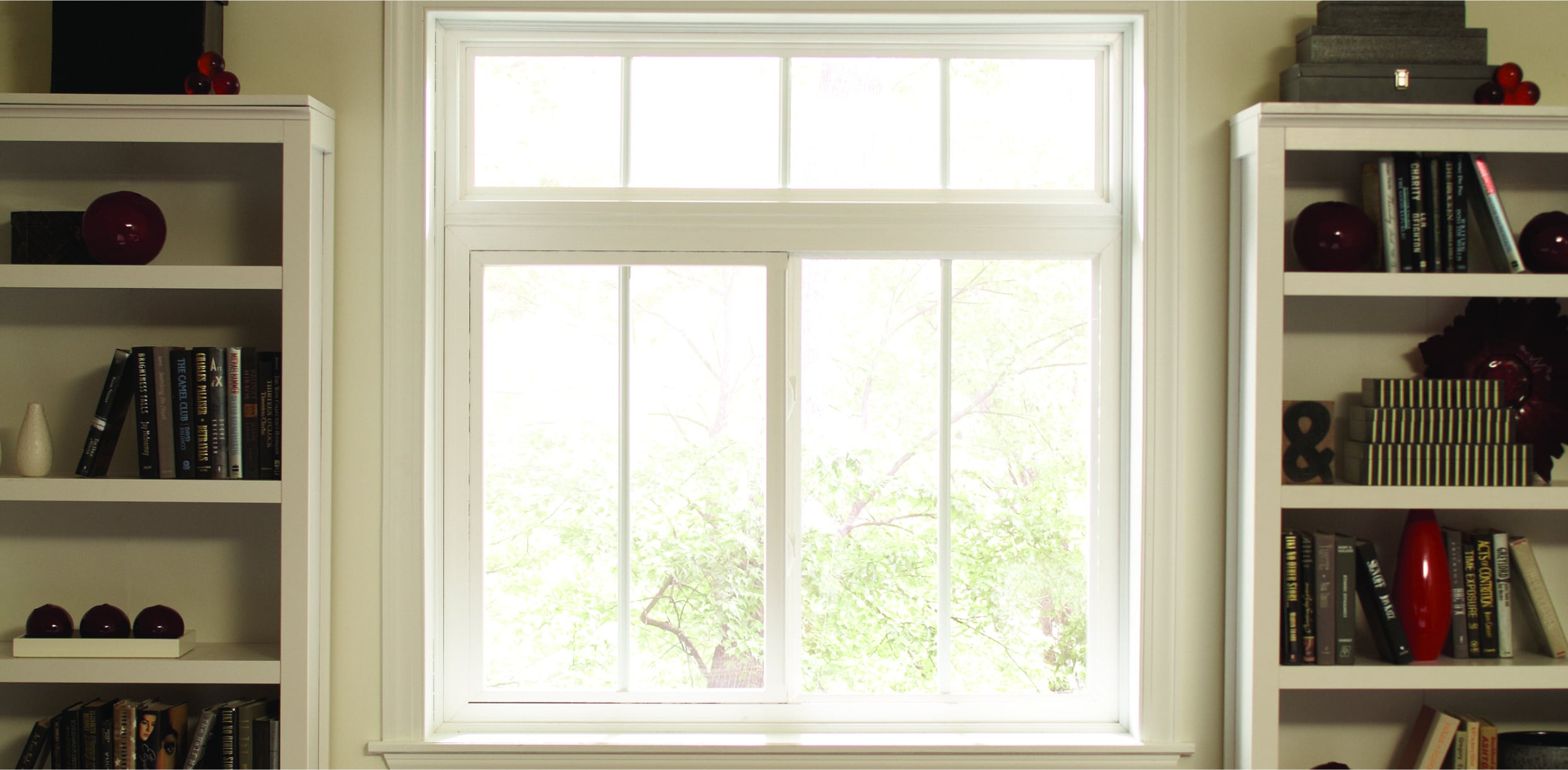 Interior White 1500 Sliding Window with Transom and Grilles
