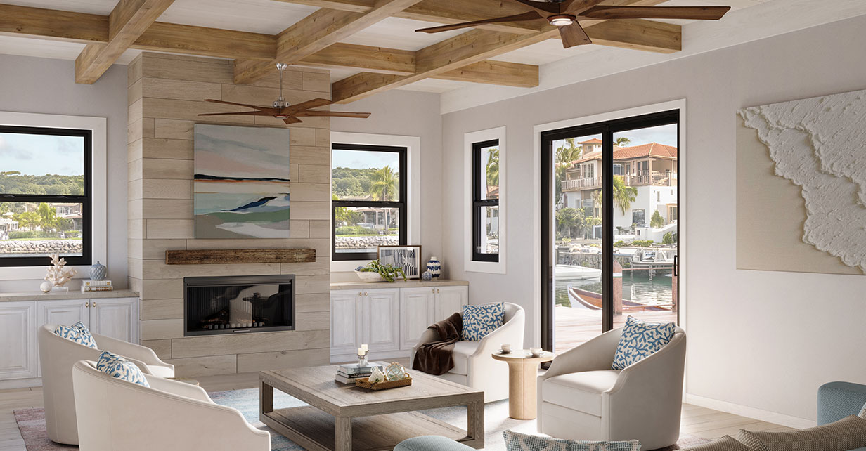 Black Coextruded LULA 1500 Vinyl Collection Double Hung Windows and Patio Door Livingroom Interior