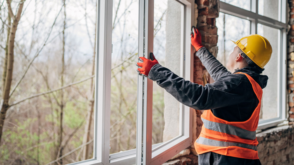 Installer completing window installation in cold weather conditions