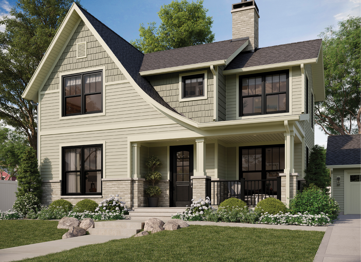 Modern Tudor with Black Double Hung Windows