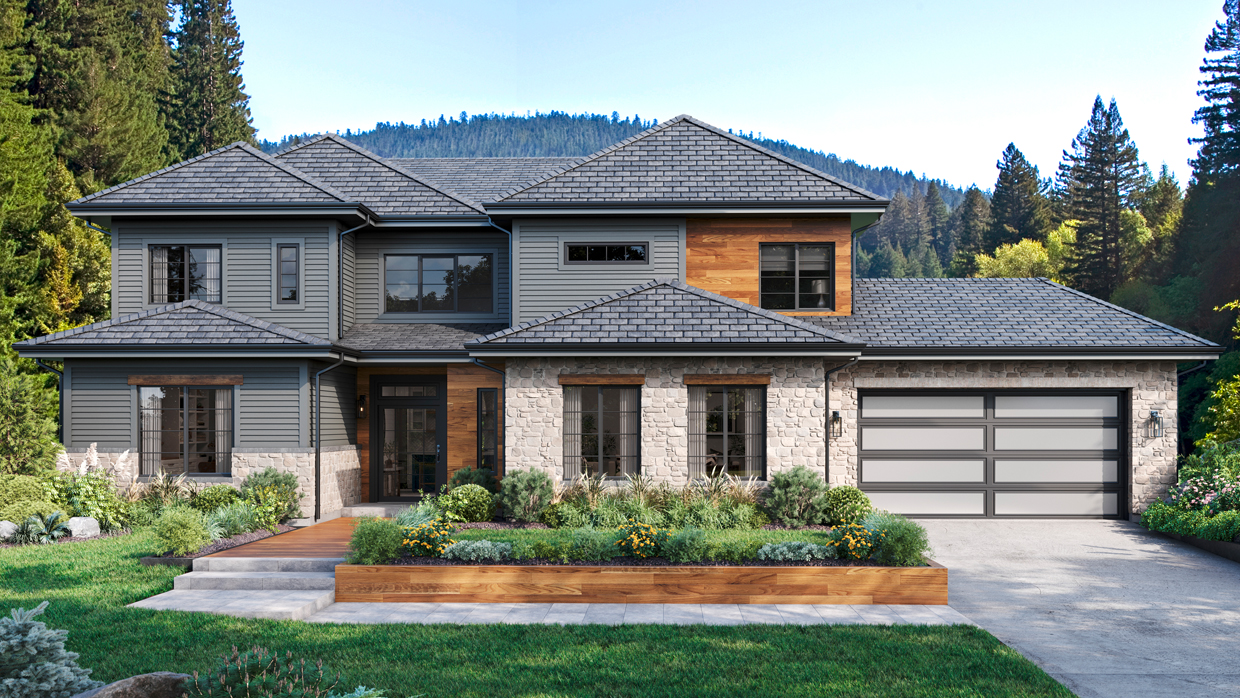 Window and Door Trends Home with mixed exterior surfaces and black windows.